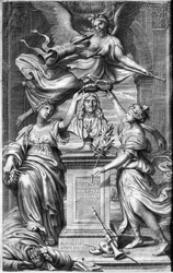 Frontispiz für eine Ausgabe von Le Théâtre de P. Corneille, graviert von Guillaume Vallet (1632-1704), veröffentlicht 1664
